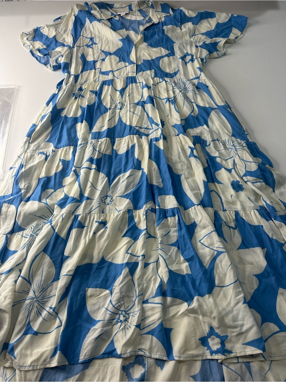 LuLaRoe Blue and Cream Floral Tiered Midi Dress